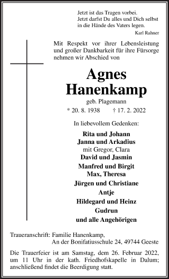 Traueranzeige von Agnes Hanenkamp von Neue Osnabrücker Zeitung GmbH & Co. KG