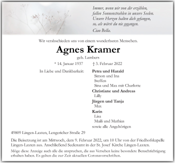 Traueranzeige von Agnes Kramer von Neue Osnabrücker Zeitung GmbH & Co. KG