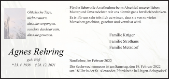 Traueranzeige von Agnes Rehring von Neue Osnabrücker Zeitung GmbH & Co. KG