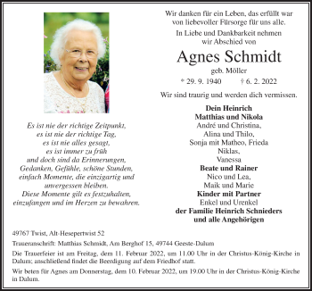 Traueranzeige von Agnes Schmidt von Neue Osnabrücker Zeitung GmbH & Co. KG