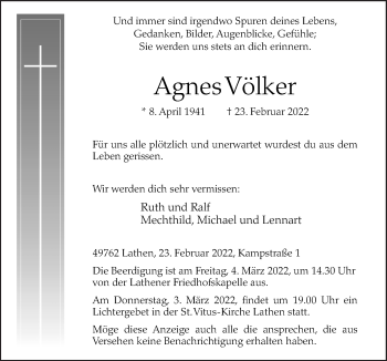 Traueranzeige von Agnes Völker von Neue Osnabrücker Zeitung GmbH & Co. KG