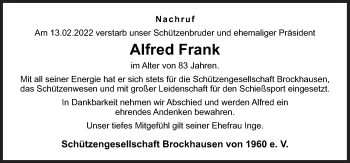 Traueranzeige von Alfred Frank von Neue Osnabrücker Zeitung GmbH & Co. KG