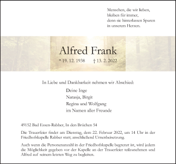 Traueranzeige von Alfred Frank von Neue Osnabrücker Zeitung GmbH & Co. KG
