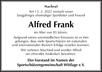 Traueranzeige von Alfred Frank von Neue Osnabrücker Zeitung GmbH & Co. KG