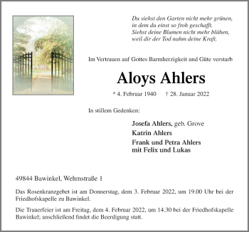 Traueranzeige von Aloys Ahlers von Neue Osnabrücker Zeitung GmbH & Co. KG