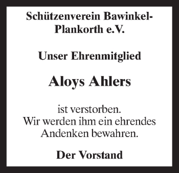 Traueranzeige von Aloys Ahlers von Neue Osnabrücker Zeitung GmbH & Co. KG