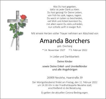 Traueranzeige von Amanda Borchers von Neue Osnabrücker Zeitung GmbH & Co. KG