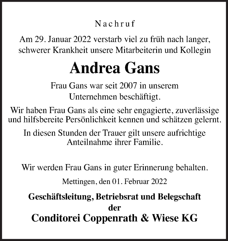  Traueranzeige für Andrea Gans vom 10.02.2022 aus Neue Osnabrücker Zeitung GmbH & Co. KG