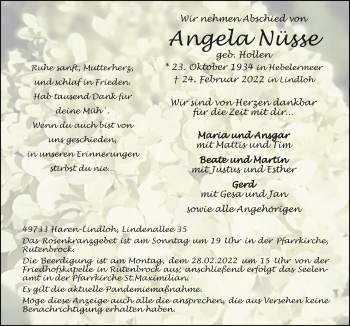 Traueranzeige von Angela Nüsse von Neue Osnabrücker Zeitung GmbH & Co. KG