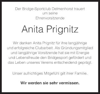 Traueranzeige von Anita Prignitz von Neue Osnabrücker Zeitung GmbH & Co. KG