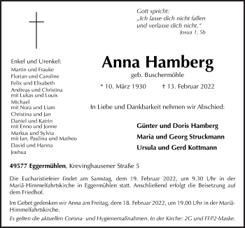 Traueranzeige von Anna Hamberg von Neue Osnabrücker Zeitung GmbH & Co. KG