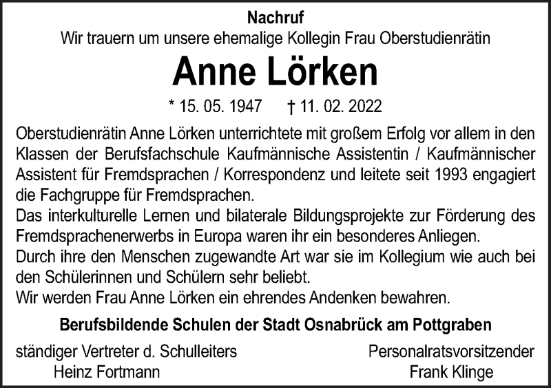  Traueranzeige für Anne Lörken vom 24.02.2022 aus Neue Osnabrücker Zeitung GmbH & Co. KG