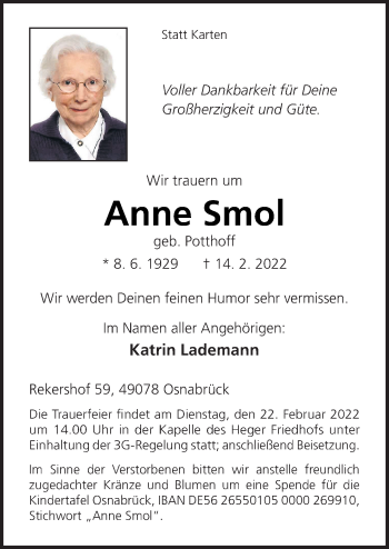 Traueranzeige von Anne Smol von Neue Osnabrücker Zeitung GmbH & Co. KG