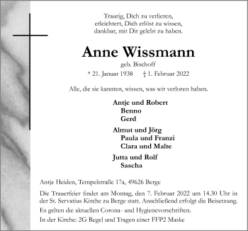 Traueranzeige von Anne Wissmann von Neue Osnabrücker Zeitung GmbH & Co. KG