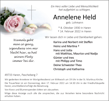 Traueranzeige von Annelene Held von Neue Osnabrücker Zeitung GmbH & Co. KG