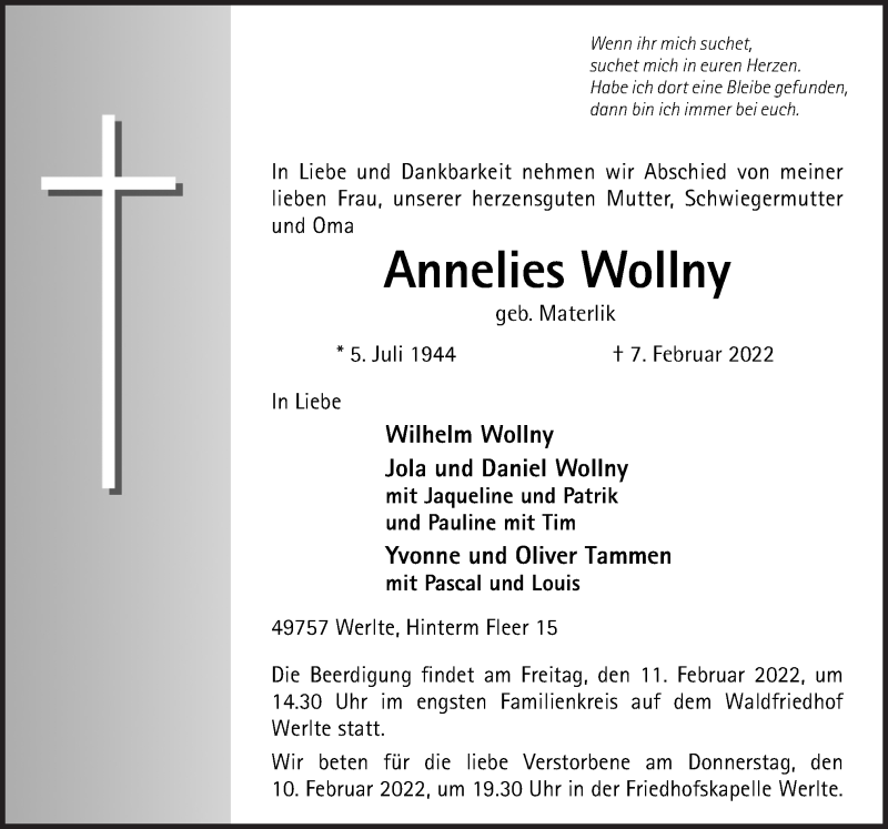  Traueranzeige für Annelies Wollny vom 09.02.2022 aus Neue Osnabrücker Zeitung GmbH & Co. KG