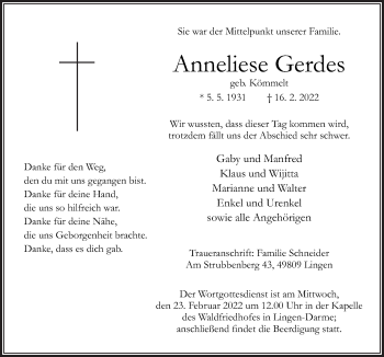 Traueranzeige von Anneliese Gerdes von Neue Osnabrücker Zeitung GmbH & Co. KG