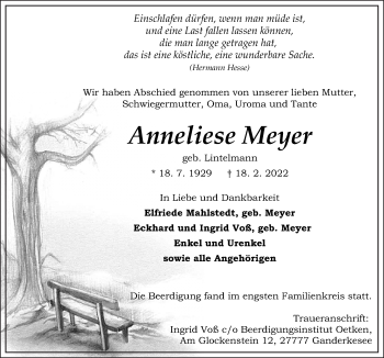 Traueranzeige von Anneliese Meyer von Neue Osnabrücker Zeitung GmbH & Co. KG