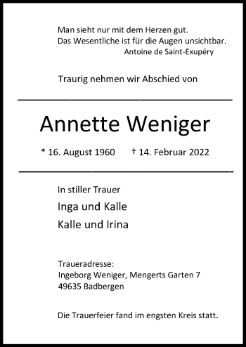 Traueranzeige von Annette Weniger von Neue Osnabrücker Zeitung GmbH & Co. KG