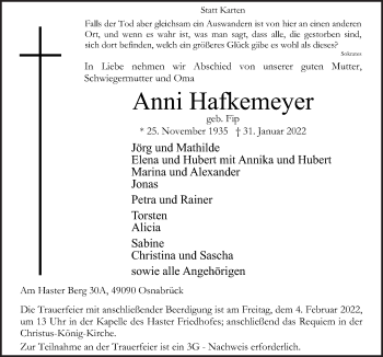 Traueranzeige von Anni Hafkemeyer von Neue Osnabrücker Zeitung GmbH & Co. KG
