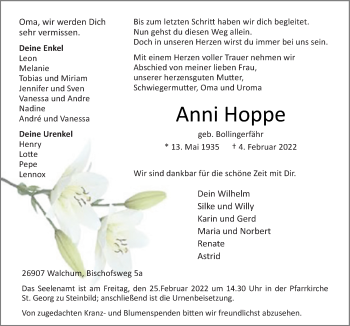 Traueranzeige von Anni Hoppe von Neue Osnabrücker Zeitung GmbH & Co. KG