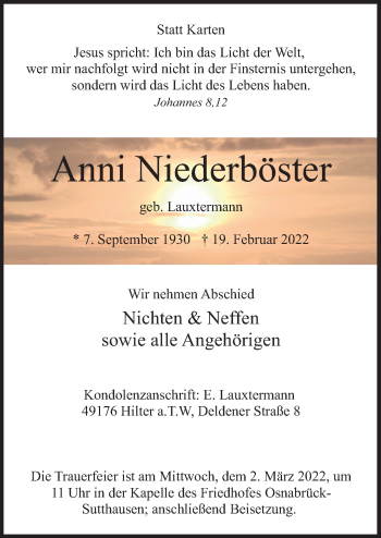 Traueranzeige von Anni Niederböster von Neue Osnabrücker Zeitung GmbH & Co. KG