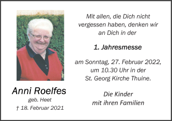 Traueranzeige von Anni Roelfes von Neue Osnabrücker Zeitung GmbH & Co. KG