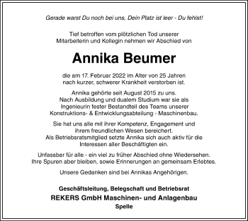 Traueranzeige von Annika Beumer von Neue Osnabrücker Zeitung GmbH & Co. KG