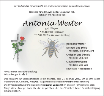 Traueranzeige von Antonia Wester von Neue Osnabrücker Zeitung GmbH & Co. KG