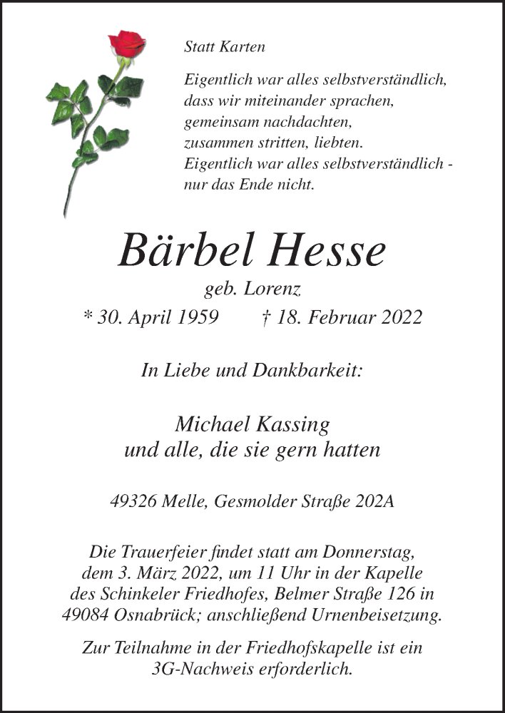  Traueranzeige für Bärbel Hesse vom 26.02.2022 aus Neue Osnabrücker Zeitung GmbH & Co. KG