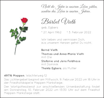 Traueranzeige von Bärbel Vieth von Neue Osnabrücker Zeitung GmbH & Co. KG