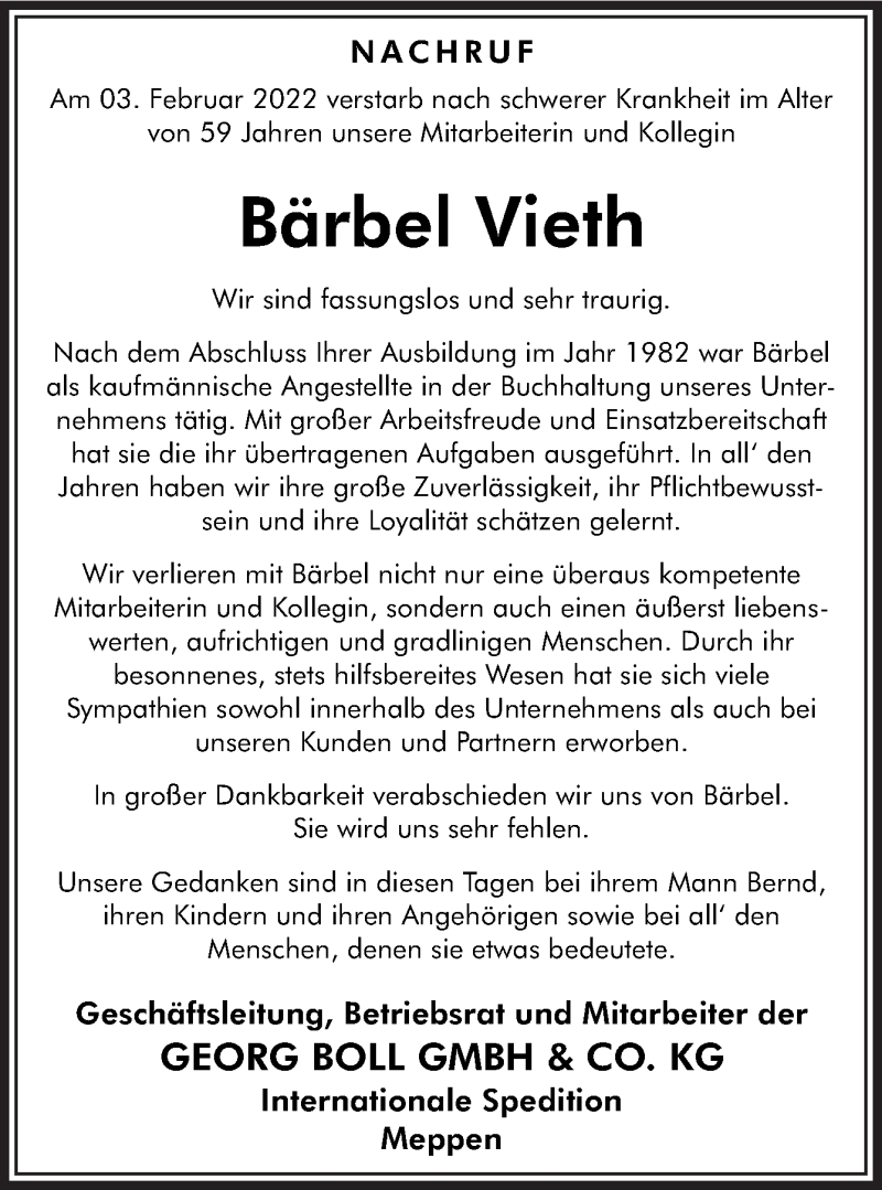  Traueranzeige für Bärbel Vieth vom 08.02.2022 aus Neue Osnabrücker Zeitung GmbH & Co. KG