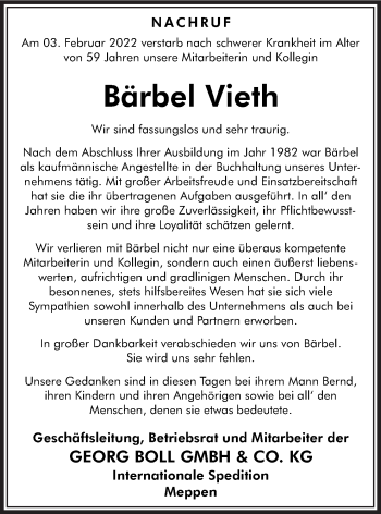 Traueranzeige von Bärbel Vieth von Neue Osnabrücker Zeitung GmbH & Co. KG