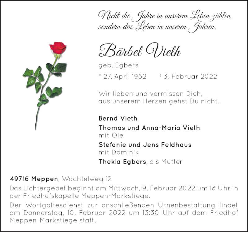  Traueranzeige für Bärbel Vieth vom 05.02.2022 aus Neue Osnabrücker Zeitung GmbH & Co. KG