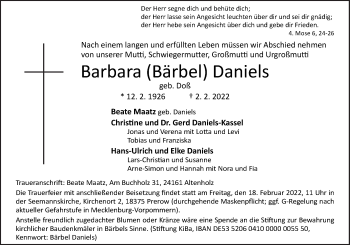 Traueranzeige von Barbara Daniels von Neue Osnabrücker Zeitung GmbH & Co. KG