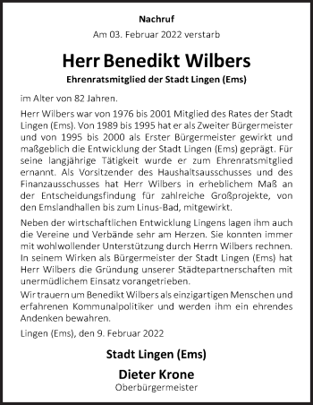 Traueranzeige von Benedikt Wilbers von Neue Osnabrücker Zeitung GmbH & Co. KG