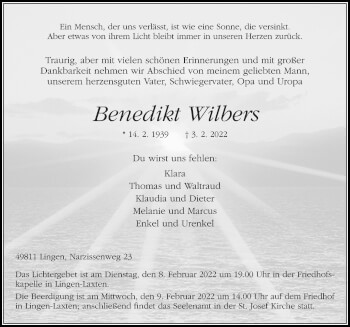Traueranzeige von Benedikt Wilbers von Neue Osnabrücker Zeitung GmbH & Co. KG