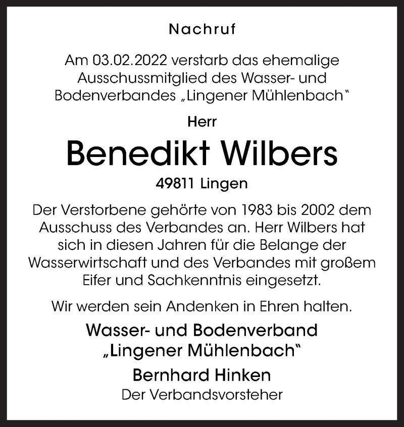  Traueranzeige für Benedikt Wilbers vom 11.02.2022 aus Neue Osnabrücker Zeitung GmbH & Co. KG