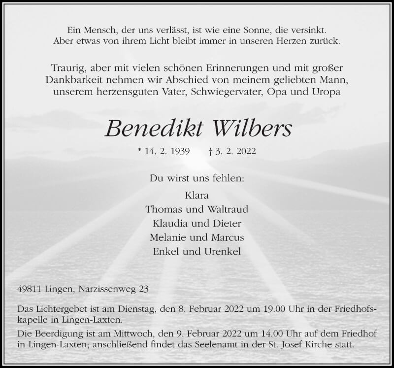  Traueranzeige für Benedikt Wilbers vom 05.02.2022 aus Neue Osnabrücker Zeitung GmbH & Co. KG