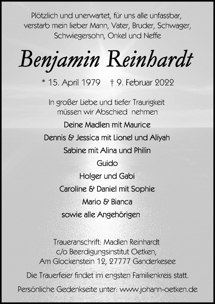  Traueranzeige für Benjamin Reinhardt vom 12.02.2022 aus Neue Osnabrücker Zeitung GmbH & Co. KG