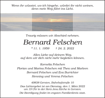 Traueranzeige von Bernard Felschen von Neue Osnabrücker Zeitung GmbH & Co. KG