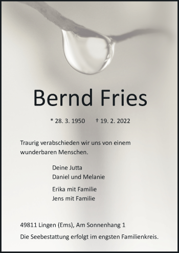 Traueranzeige von Bernd Fries von Neue Osnabrücker Zeitung GmbH & Co. KG
