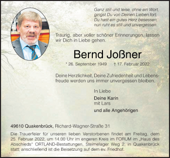 Traueranzeige von Bernd Joßner von Neue Osnabrücker Zeitung GmbH & Co. KG
