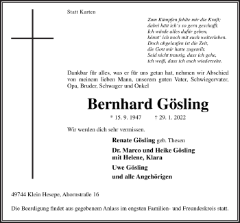 Traueranzeige von Bernhard Gösling von Neue Osnabrücker Zeitung GmbH & Co. KG