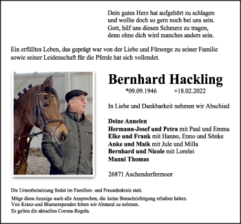 Traueranzeige von Bernhard Hackling von Neue Osnabrücker Zeitung GmbH & Co. KG