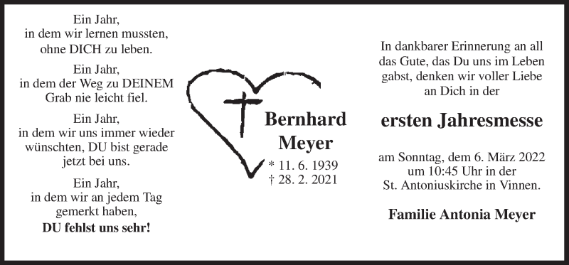  Traueranzeige für Bernhard Meyer vom 28.02.2022 aus Neue Osnabrücker Zeitung GmbH & Co. KG