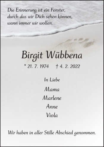 Traueranzeige von Birgit Wübbena von Neue Osnabrücker Zeitung GmbH & Co. KG