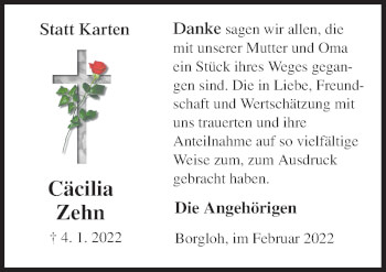 Traueranzeige von Cäcilia Zehn von Neue Osnabrücker Zeitung GmbH & Co. KG