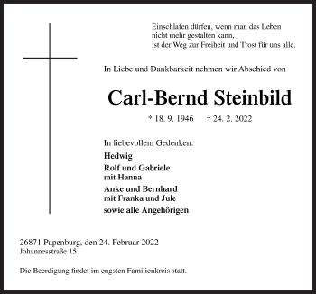 Traueranzeige von Carl-Bernd Steinbild von Neue Osnabrücker Zeitung GmbH & Co. KG