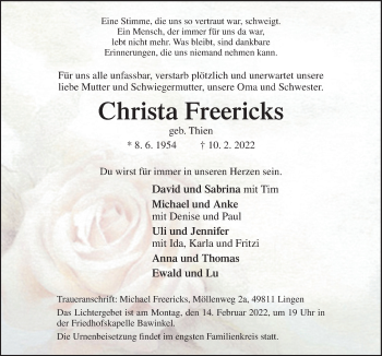 Traueranzeige von Christa Freericks von Neue Osnabrücker Zeitung GmbH & Co. KG